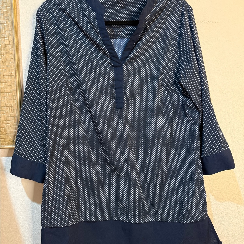 ANTILIA FEMME Women’s Tunic Blouse L Blue White Polka Dot 3/4 Sleeve Top